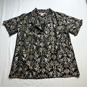 BANJANAN black gold silk‎ metallic brocade ruffle collar short sleeve blouse
